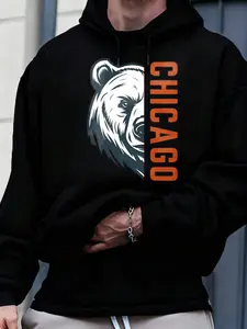 Men'S Casual Pullover Hooded Sweatshirt With  Chicago Bear Head Logo Design Print | Long Sleeve, Hooded, Regular Fit, With Kangaroo Pocket, Streetwear For Winter Fall, As Gifts PLUS SIZE -Black