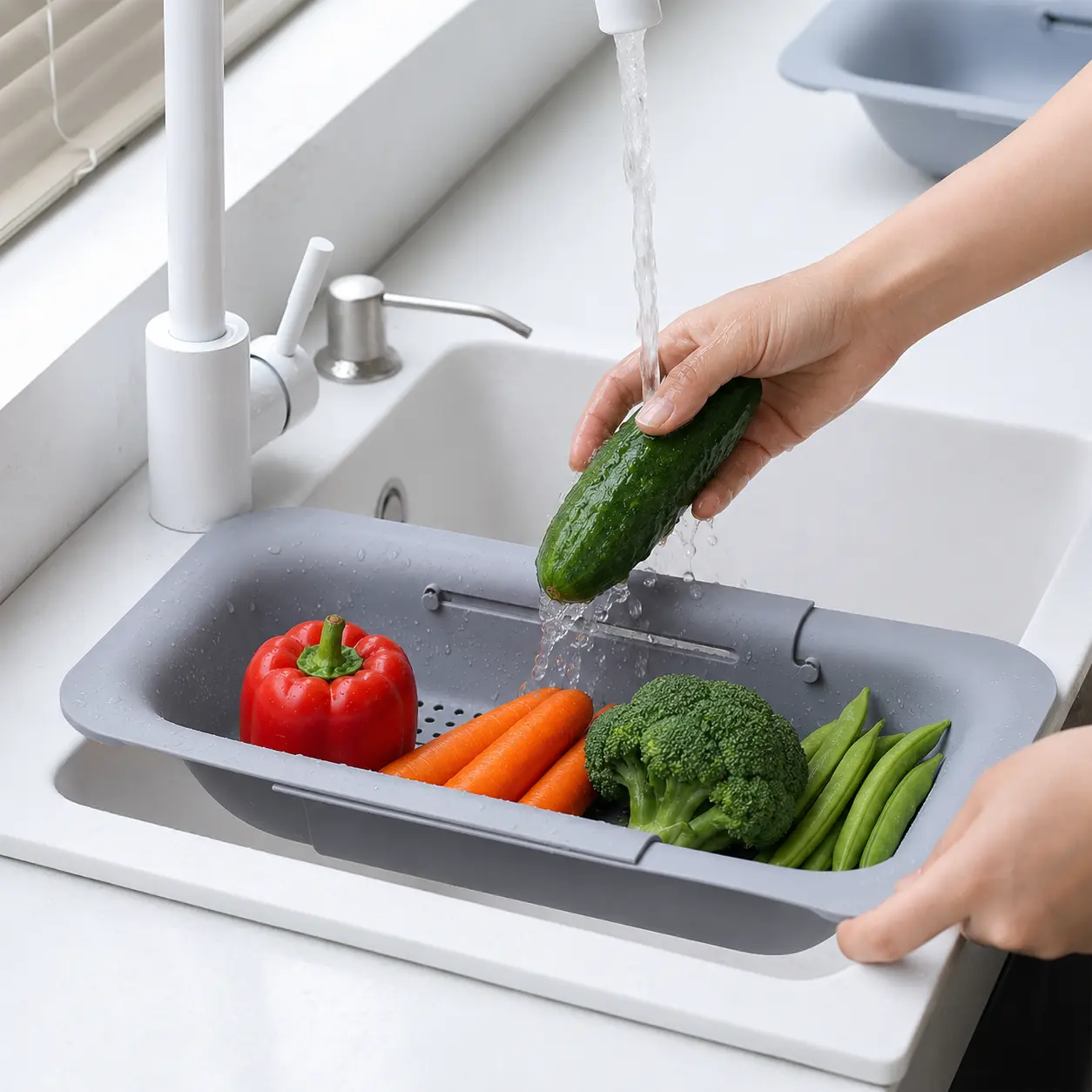 Collapsible Kitchen Drain Basket - Sink Strainer, Vegetable Wash Container, Utensil Storage Rack, Fruit Organizer