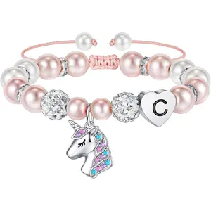 Easter Gifts for  Girls - Unicorn Bracelets for Girls , CZ Initial Unicorns Bracelet Adjustable Heart Initial Unicorn Bracelets  Birthday Gifts for Girl