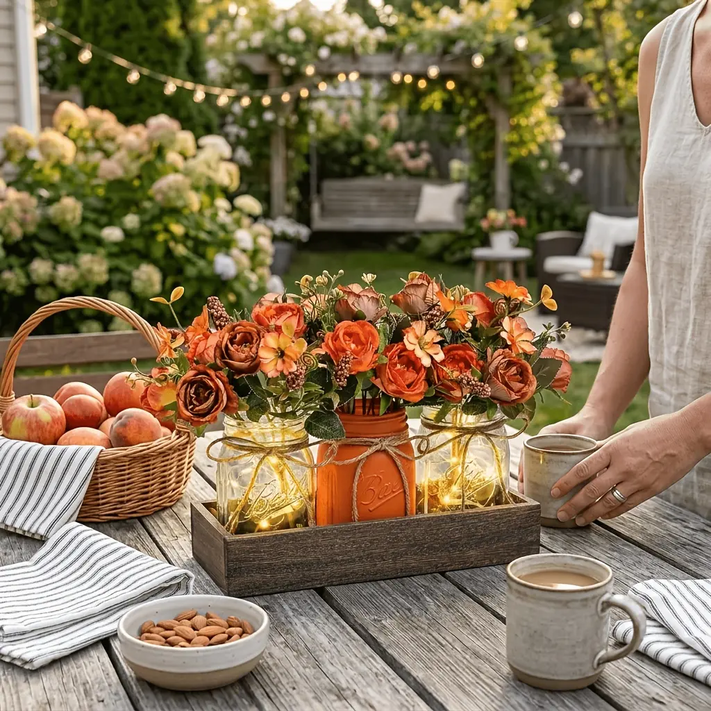 Mason Jar Centerpiece Table Decorations for Dining Table Decor Farmhouse Coffee Table Decor with Wood Tray And LED Light Table Centerpieces for Dining Room Kitchen Living Bathroom Halloween,Christmas