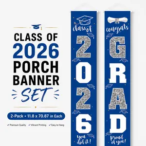 Class of 2026 Graduation Decorations, Congrats Grad Porch Banner Set, Blue & Silver Hanging Door Signs for Graduation Party Supplies