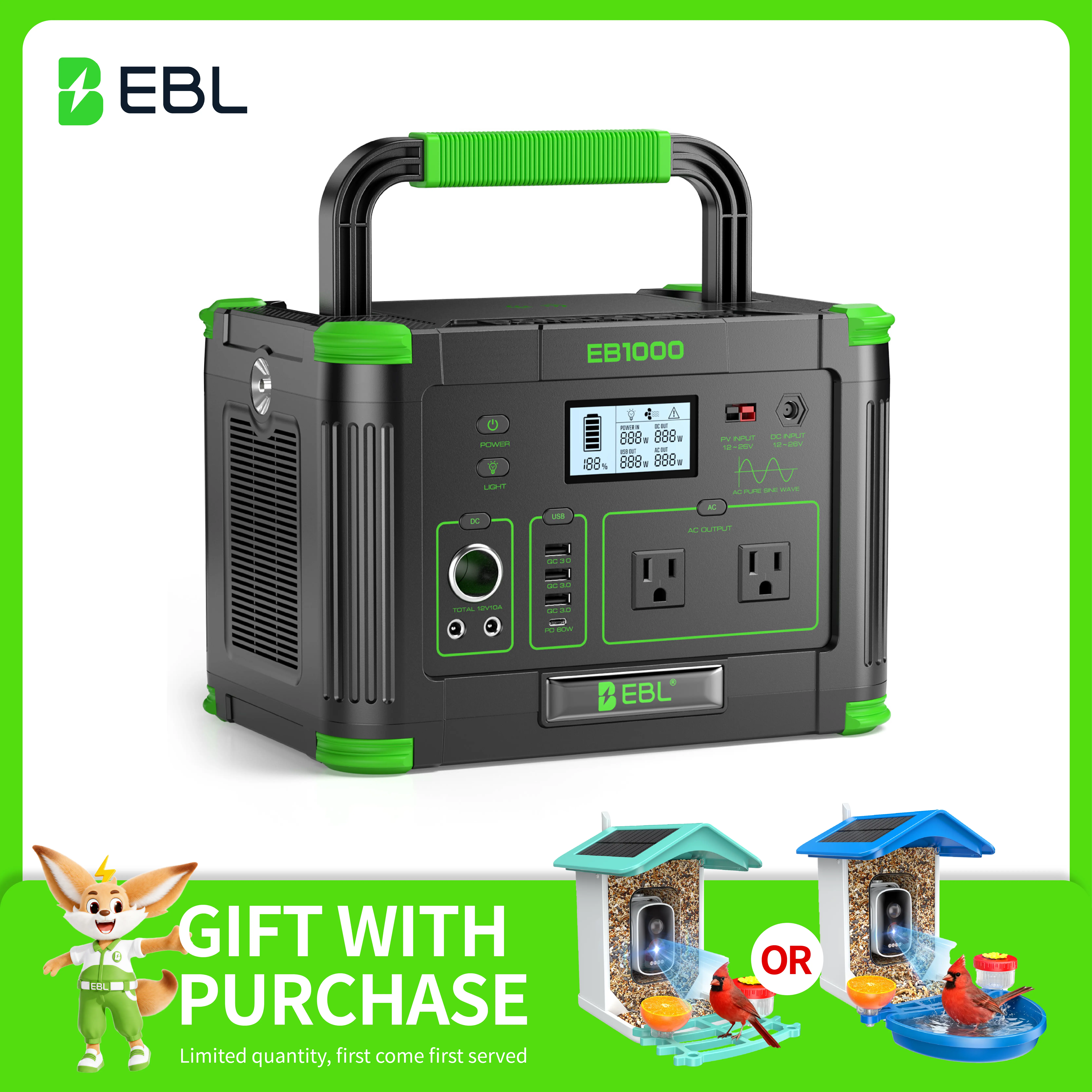 Outdoor Power Station: EBL 1000W Solar Generator w/ 999Wh – Single Unit or Combo (Combo Items Shipped Separately) | Powers Home Essentials & Camping Gear， AC Compatible for Window Air Conditioner (Up to 8000BTU), Solar Generator for Home Backup