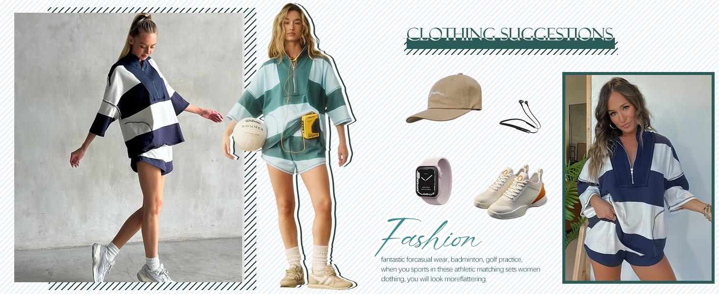 Arssm Women’s Striped 2-Piece Workout Set – Casual Oversized Half Zip Top & Shorts with Pockets, Retro Rugby Loungewear Outfits