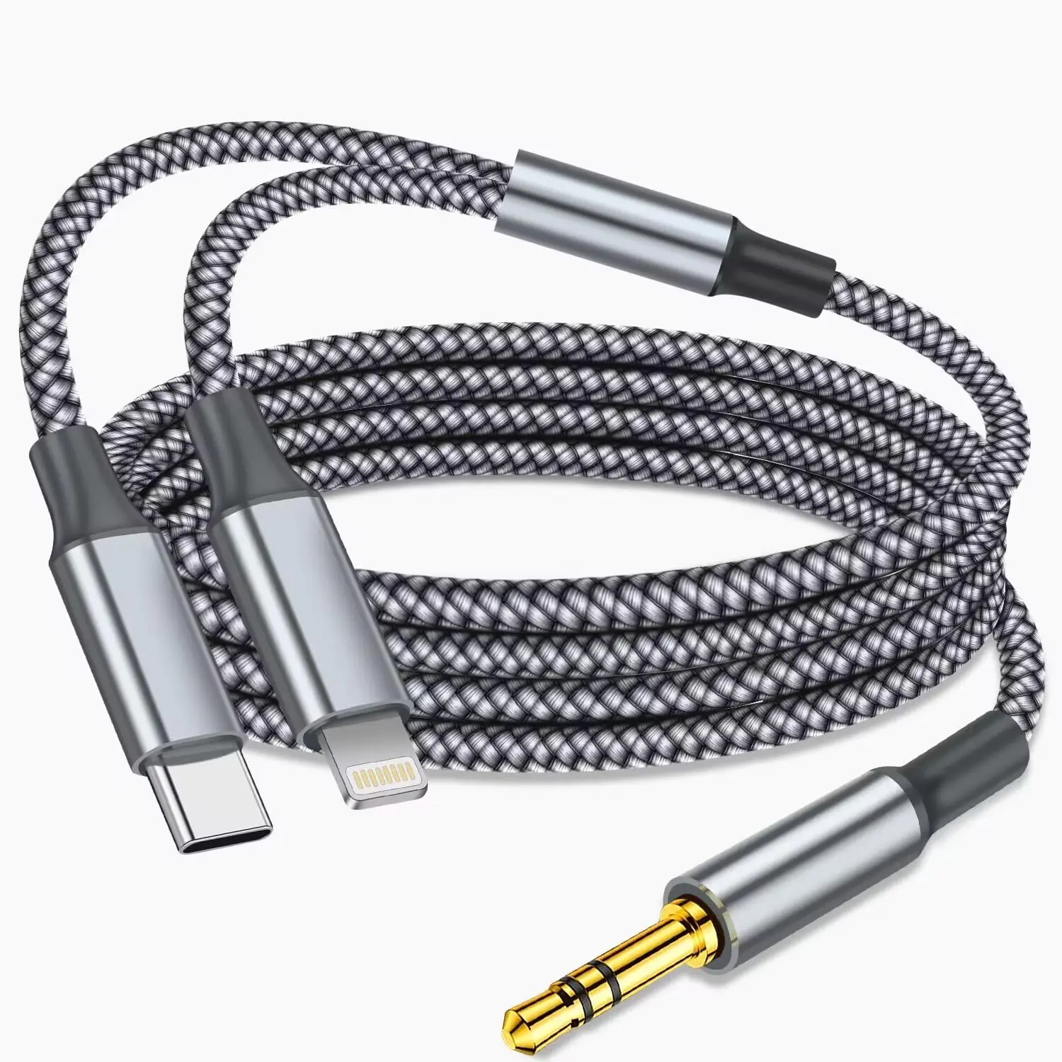 2-in-1 USB-C & Lightning to 3.5mm AUX Audio Cable 4FT for Smartphones Tablets Car Stereo Speakers Headphones Durable Plug-and-Play Design