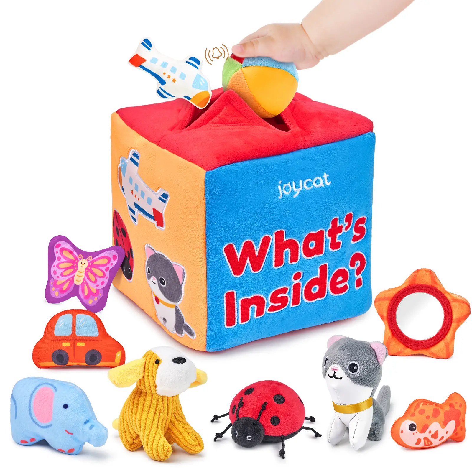 JoyCat Mystery Soft Box with 10 Sensory Objects, Rattle, Crinkle Paper, Mirror, Soft Busy Toys, Stuffed Animal Sensory Toys, Montessori Toys Gifts