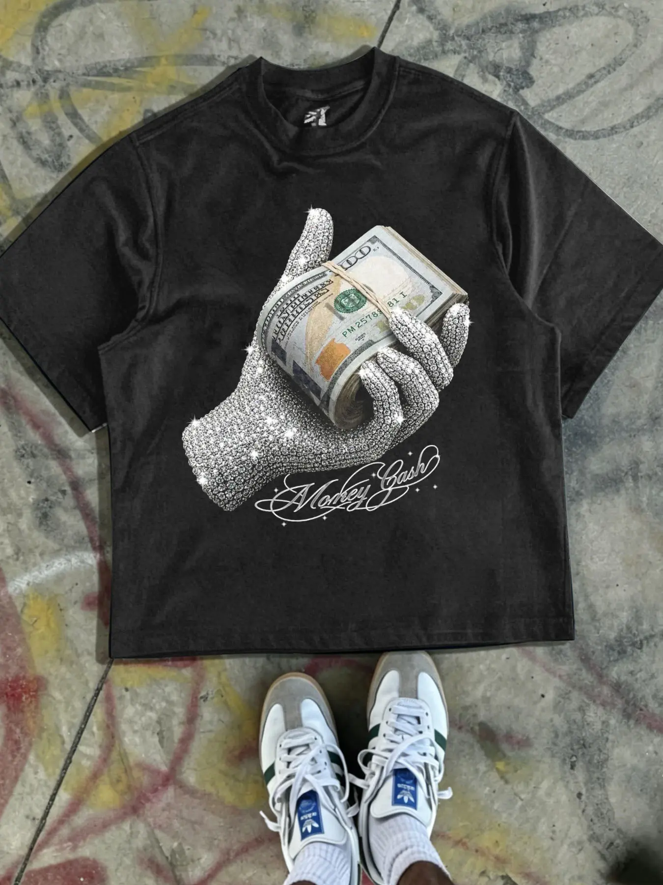 1 PCS Money Cash Rhinestone Diamond Hand Rolled Dollar Bills Vintage Hip Hop Graphic Print, Y2K Grunge Urban Streetwear, Breathable Unisex Tee For Rap Lovers Casual Daily Street Outfit