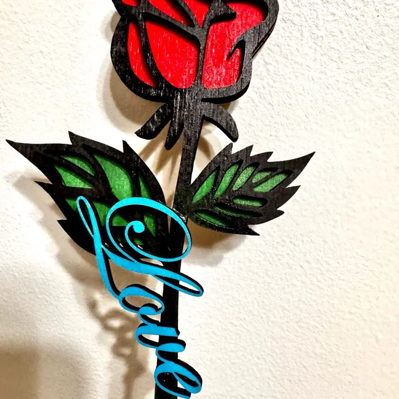 Long stem  roses  layered 3d wooden roses hand painted