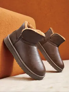 Men's Fall & Winter Leather Waterproof Snow Boots, Non-Slip Warm Thickened Fleece-Lined Cotton Shoes with Thick Sole, Comfortable Cotton Bread Boots, Fluffy Snow Boots