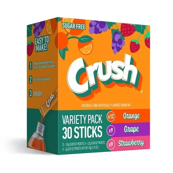 Crush Sugar-Free Powdered Drink Mix Variety Pack – Orange, Grape & Strawberry Flavors, 30-Count Single Serve Sticks
