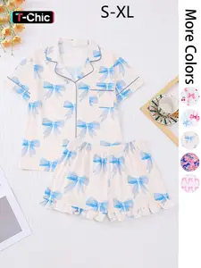 Women's All Over Print Pajama Set, Casual Comfy Short Sleeve Lapel Neckline Pocket Shirt & Shorts PJ Set, Ladies Summer Sleepwear, Sleepwear Pajamas Set