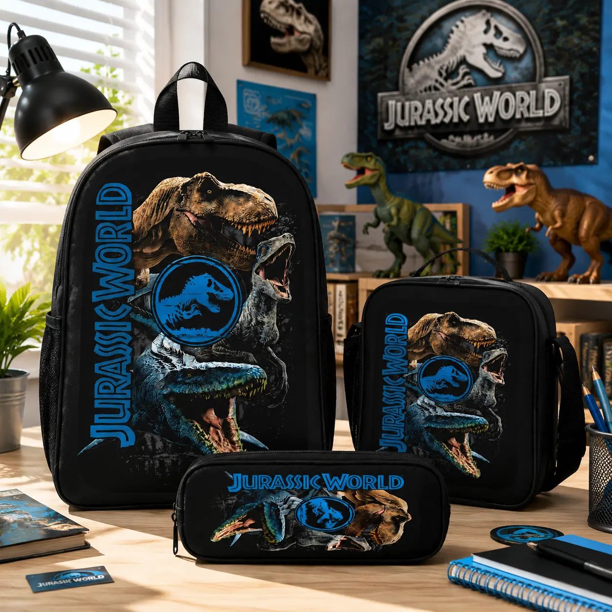Jurassic World 3PCS Backpack Set with Lunch Bag Pencil Case Dinosaur T Rex Velociraptor Print Backpack Lightweight Travel Daypack Bookbag for Boys Girls Teens Fans Back to School Gift Trendy TikTok Backpack Bundle Comfortable Shoulder Strap