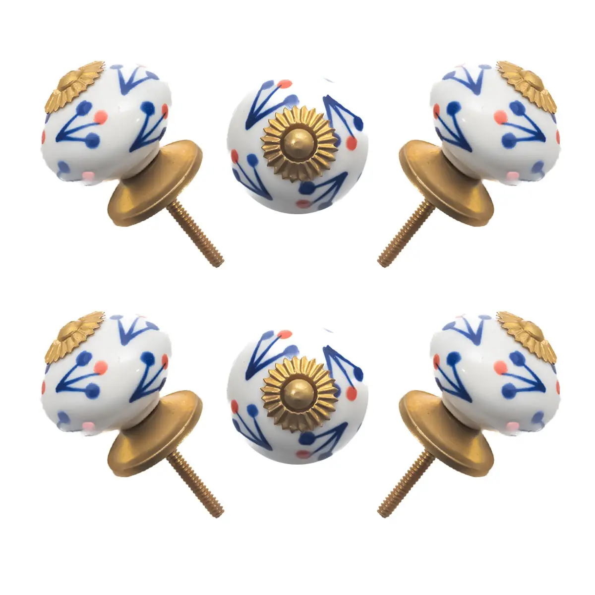 White Ceramic Knobs with Blue Sprigs & Red Dots (Pack of 6) - 1.5 Inch Furniture Pulls by CDNY