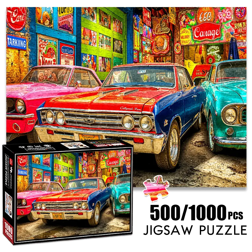 1pc 1000 piece adult puzzle 70x50cm Vintage Cars in Front of Colorful Sign - Adorned Wall500 pieces of paper jigsaw puzzle, suitable for adults and families, Family Puzzle, large-scale DIY puzzle interactive toy