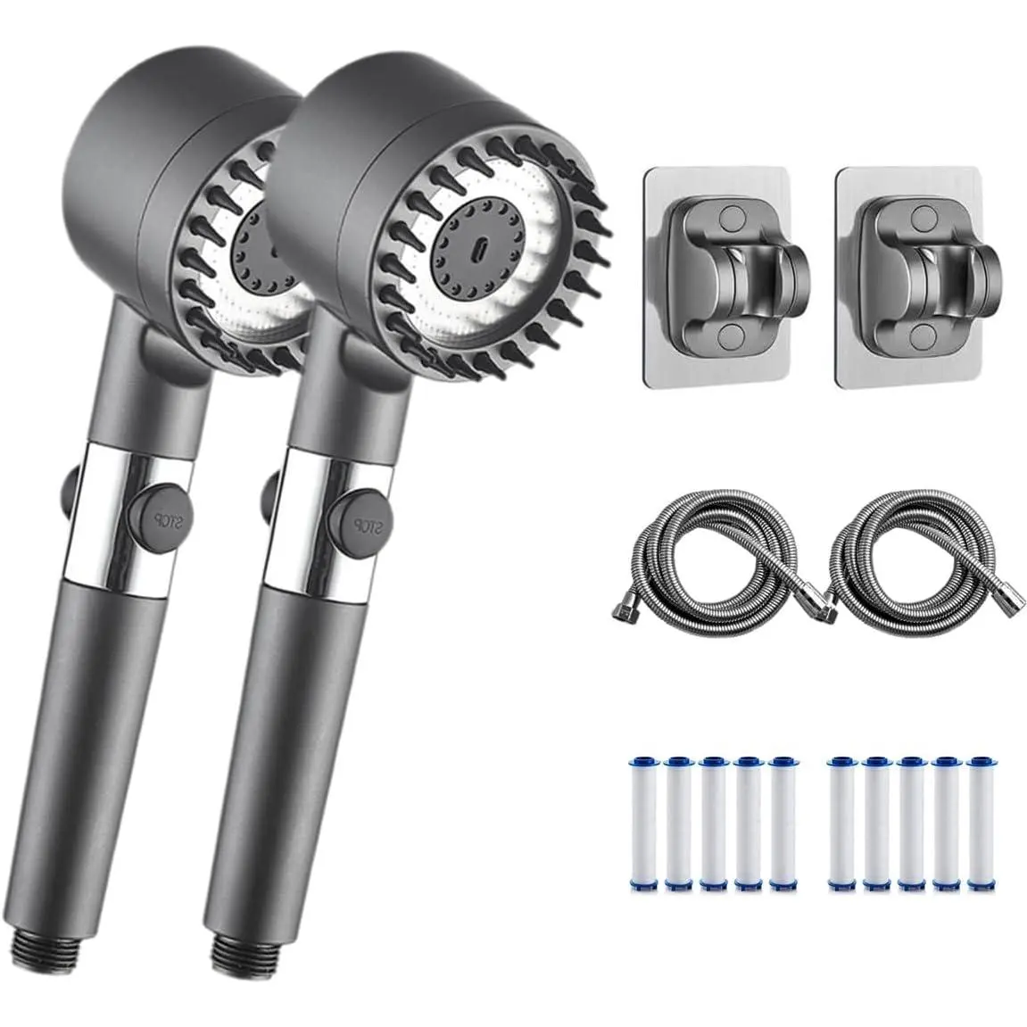 Enjoy A Home Spa Shower Experience With This 9-Piece Pressurized Shower Head Set, Featuring An Ionized Cool Mist Shower Mode And A One-Touch Water Shut-Off Function. Includes A Water Jet Function, Stainless Steel Hose, Punch-Free Bracket And 6 Filters. ti