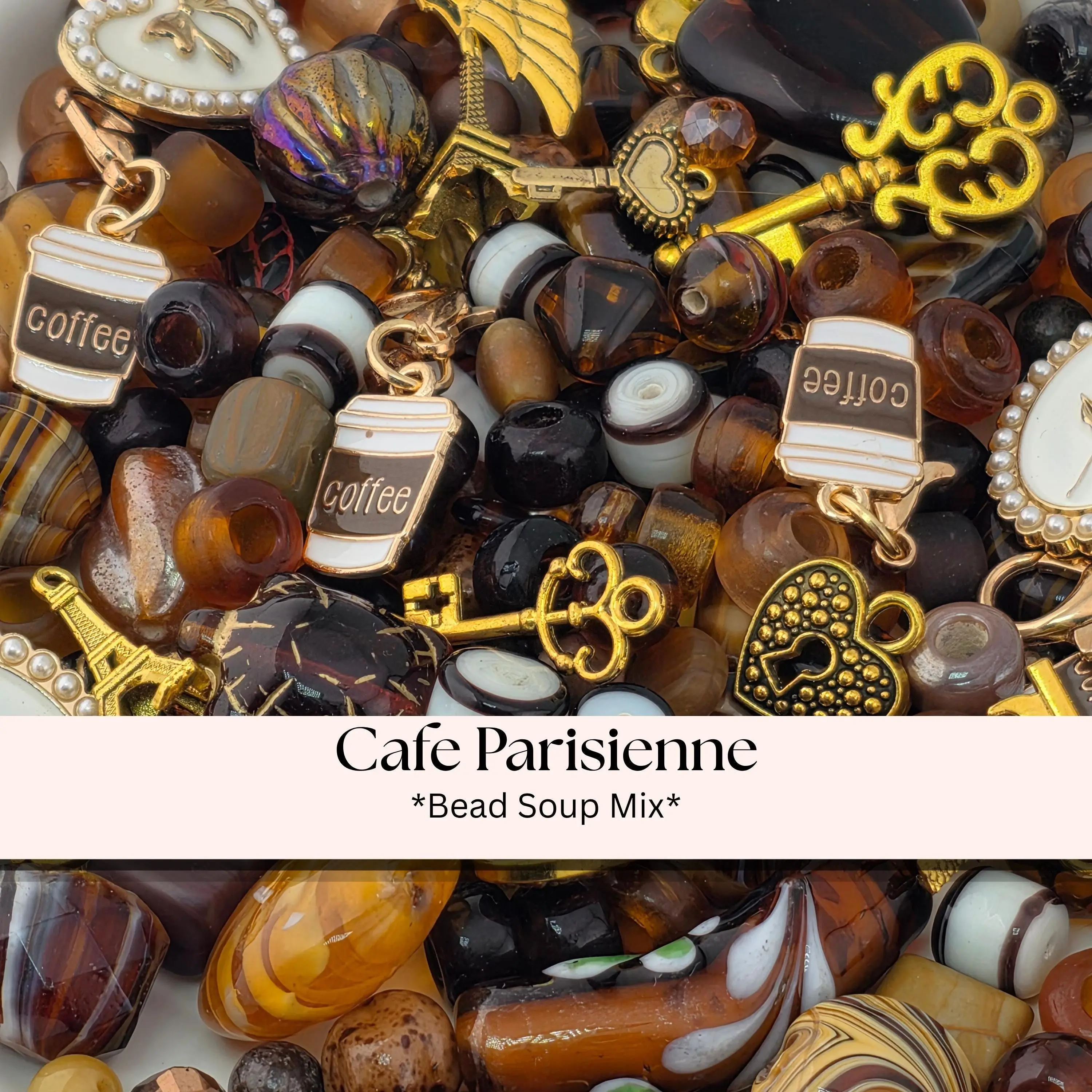 Café Parisienne Bead Soup Mix | Espresso Brown and Amber Glass Beads | Coffee, Eiffel and Key Charm Pendants | DIY Jewelry Making