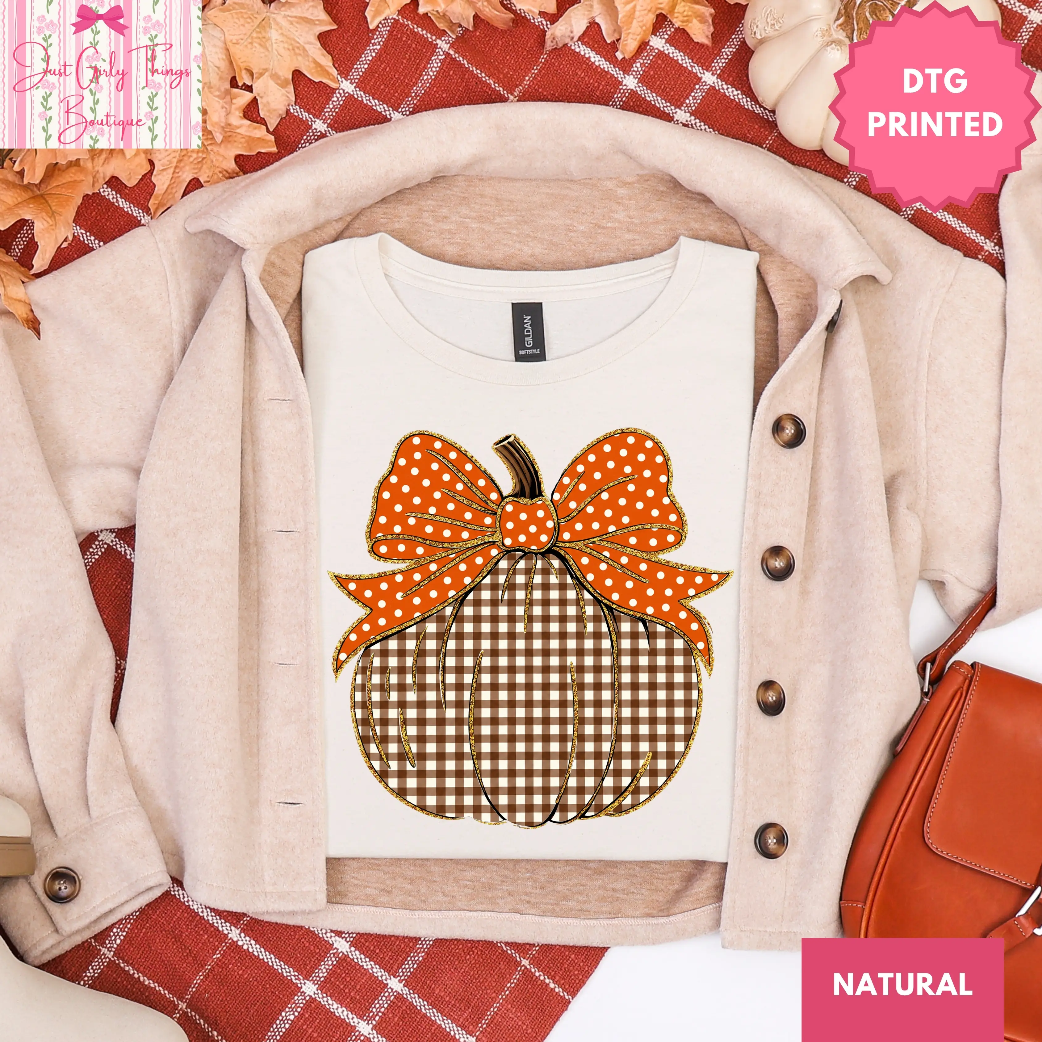 Brown Gingham Polka Dot Pumpkin Shirt  - Gildan 64000 Softstyle/Gildan 5000 Heavy Cotton Tee -  Pumpkin Season Shirt, Fall Pumpkin Shirt, Trendy Fall Shirt, Trendy Pumpkin Shirt, Pumpkin Bow Shirt, Gingham Fall Shirt, Polka Dot Fall Shirt