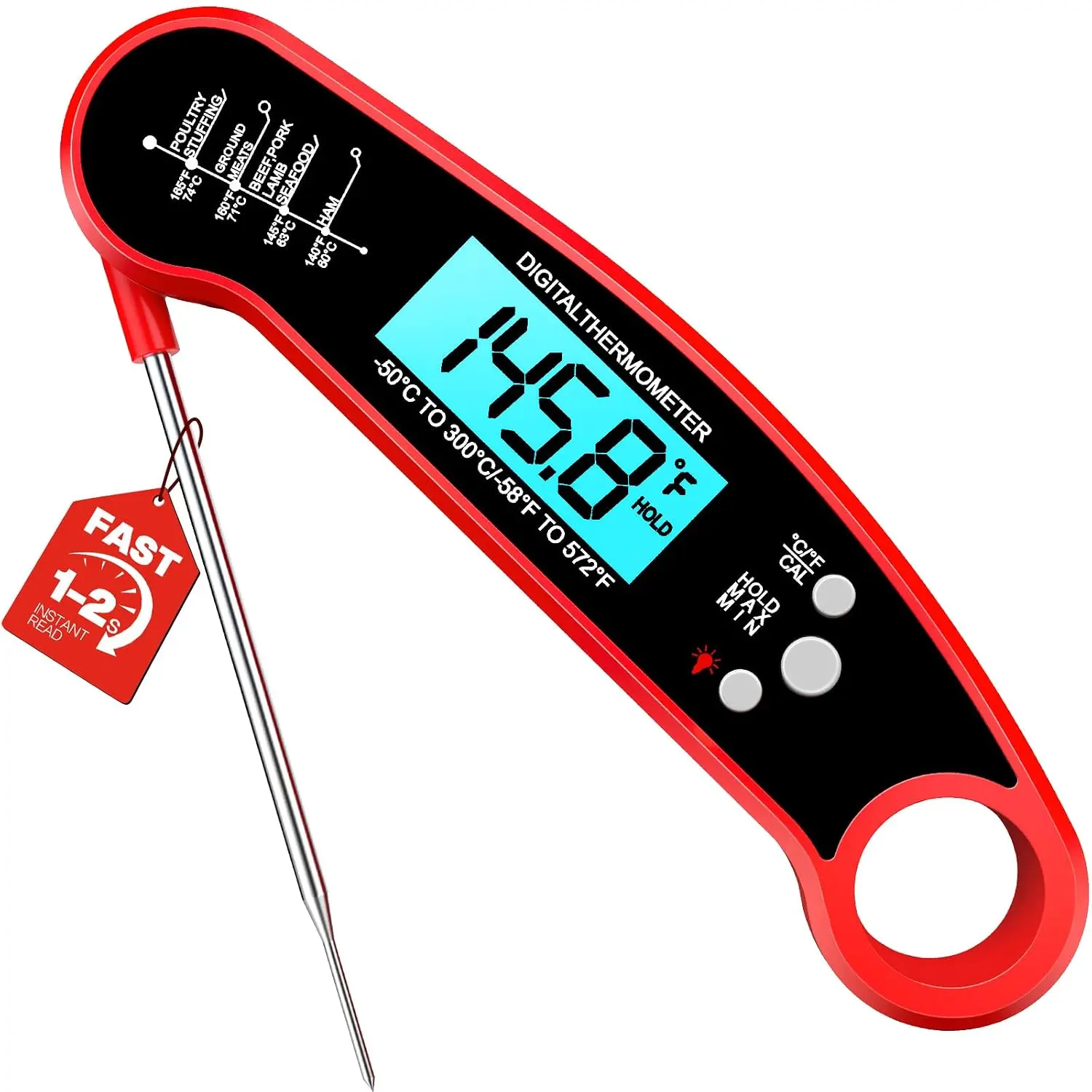 Meat Thermometer Digital, 1-2 Sec Instant Read, Food, Cooking, Grill | Bright Backlit Display, Waterproof for Air Fryer, Smoker, Candy, Kitchen Gadgets, BBQ Essentials, Gift for Men Husband, Red