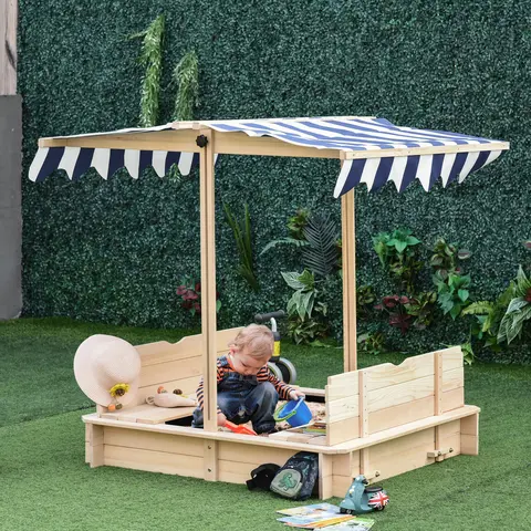 Outsunny Wooden Kids Sandbox - Outdoor Playground Equipment with Hut Style Canopy, Foldable Backrest & 2 Storage Boxes, Summer Activity Gift for 4-6 Years Children