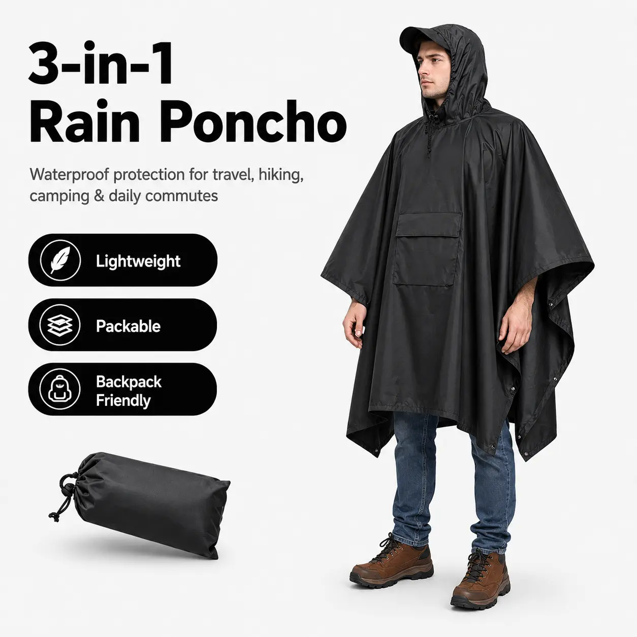 3-in-1 Lightweight Waterproof Raincoat, Unisex Rain Gear for Outdoor Camping & Travel Large Raincoat with Poncho Hooded