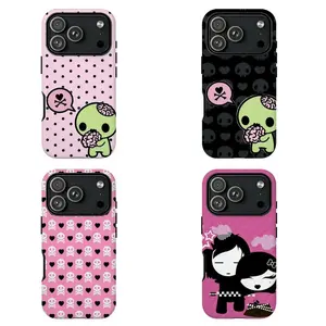 Y2k Kawaii Em0 Z0mb1e Phone Case Phone CasePink Black Polka Dot Skull Pattern Protective Cover For iPhone 17 16e 16 15 14 13 12 11 X XS XR  Air Pro Max Plus, Star, Polka Dots, Kawaii Aesthetic