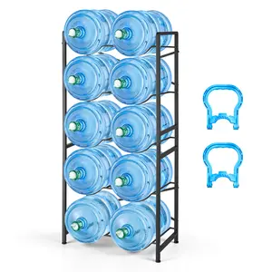 【fathersdaygift】VEVOR Water Jug Holder, 5 Tiers Double Rows 3 and 5 Gallon Water Bottle Holder for 10 Bottles, Heavy Duty Jug Rack Organizer with Handles, Easy Assembly, for Kitchen, Office, Living Room, Black