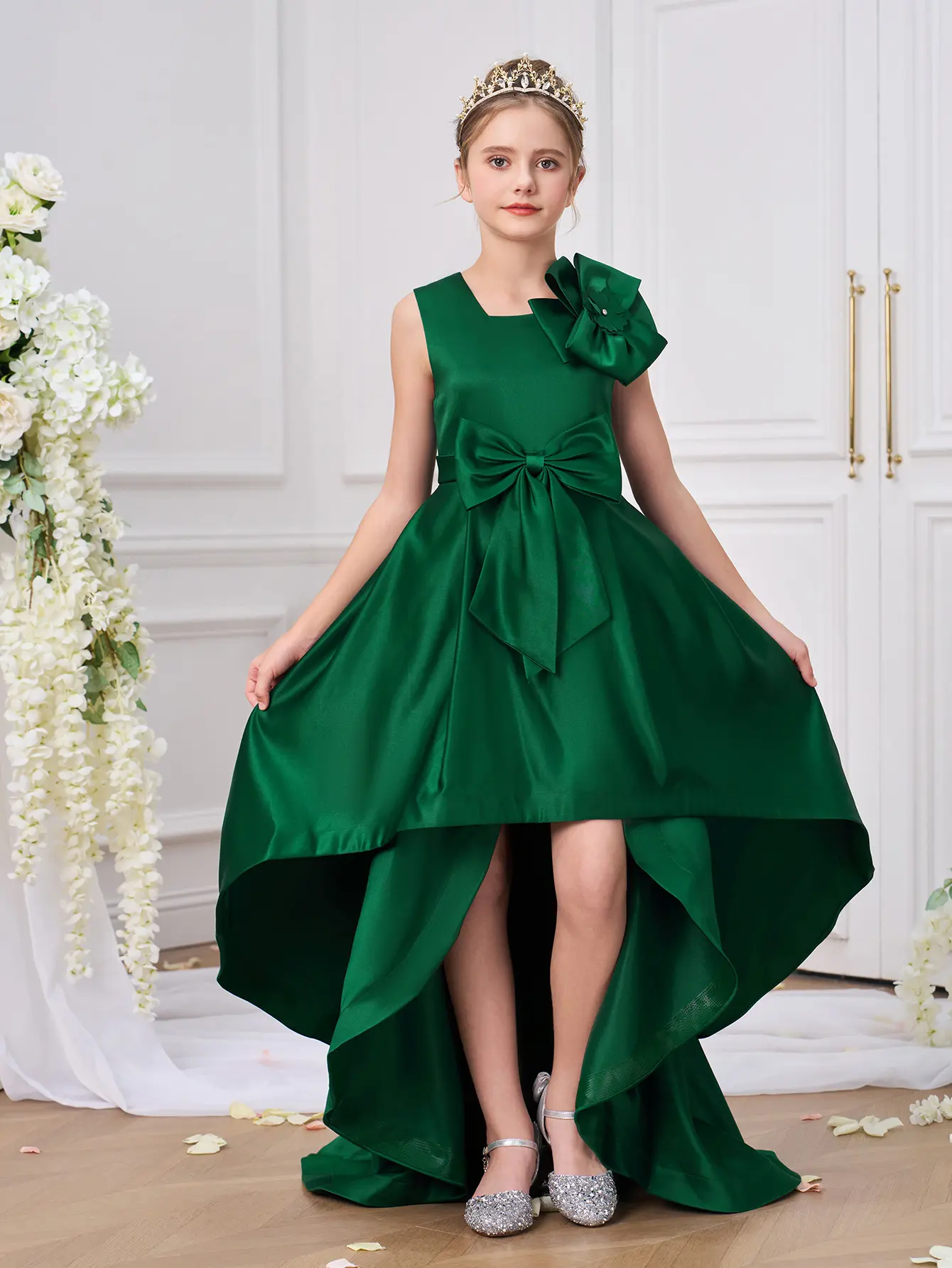 0066 Tween Girl Long Mesh Floral Decorated Dress Elegant Formal Dress Suitable For School Performances And Evening Parties Tween Girl Embroidery Mesh Bow Gown Dress