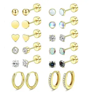 Stainless  earring set with Australian opal  and flat-bottomed integrated zirconia  Steel Stud Surgical Plated Gold