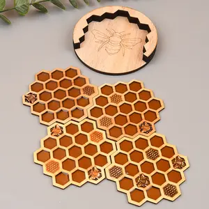 4PCS/Set Bee Honeycomb Coasters Cup Mats Wood Resin Creative Cup Pads Drink Coasters for Kitchen Bar Dining Table Home Decoration Wooden