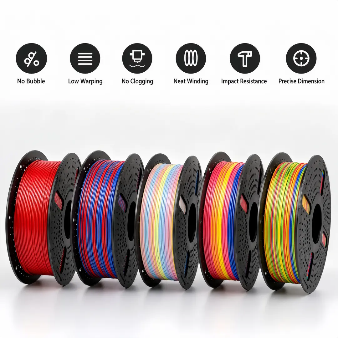 Silk Rainbow PLA+ 3D printing filament, 1.75 mm diameter, 1 kg net spool weight; colorful PLA Plus FDM filament with a glossy finish, smooth filament output, neat spool winding, low curling, precise dimensions, helps reduce bubbles and nozzle clogs; suita