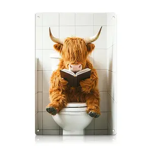 1pc 8×12in / 20×30cm Funny Bathroom Decor Tin Sign – Highland Cow on Toilet Wall Art – Humorous Metal Poster for Bathroom, Toilet, Restroom & Funny Gift Ideas