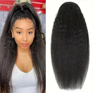 Chic Yaki Straight 100% Human Hair Ponytail Extension, Clip & Drawstring Secure Fit, 1B Natural Color, 10-20 Inch 100g, Versatile Natural Style for All Women