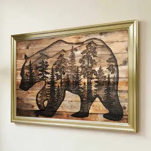 1pc Framed Gold Frame Wooden Texture Bear Silhouette Canvas Art Print For Living Room Bedroom Cabin Decor With Rustic Mountain Forest Design