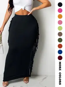 Women's Fringe Trim High Waist Fitted Knitted Pencil Skirt, Elegant Solid Color Skirt for Party Evening Formal Occasions, Ladies Bottom