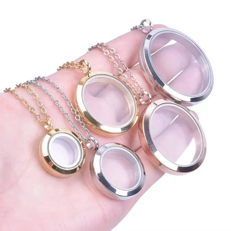 JEWEL-4U - New 1PC Mix Size Round Living Memory Photo Relicario Locket Pendant Floating Charms Picture Necklaces For Jewelry Women Men Gift