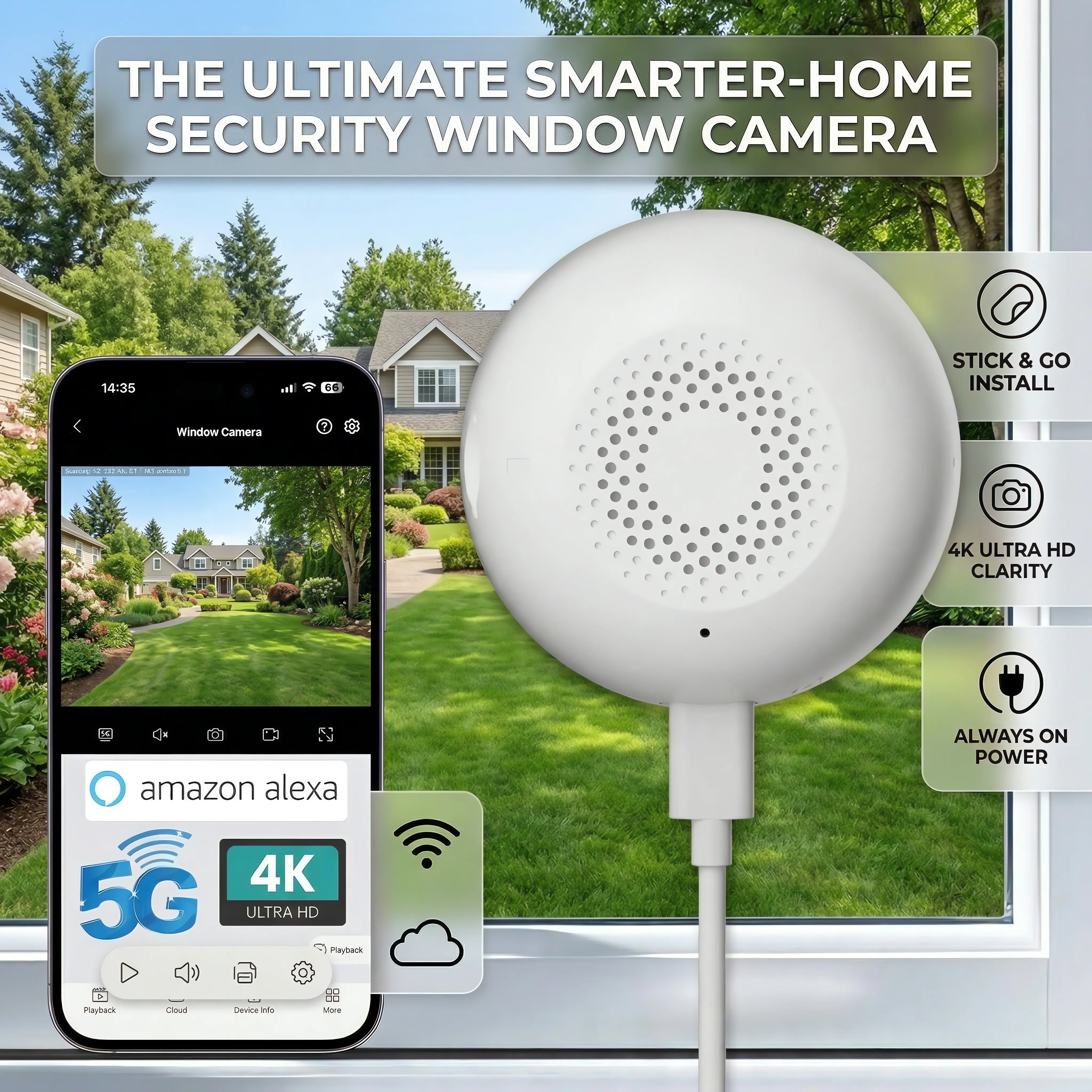 FHD/2K Wireless Window Camera, 5GHz & 2.4GHz WiFi Indoor Cameras for Home Security w/ Al Color Night Vision,Person,Pet,Vehicle & Motion Detection,24/7 Recording,Easy & Quick Install