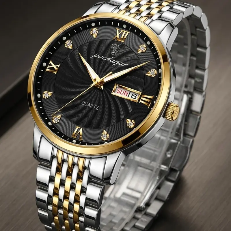 Men's Business Fashion Round Dial Stainless Steel Strap Quartz Luminous Analog Watch, Analog Wristwatches, Classic Black Dial Calendar Function for Party, Daily Decor, Birthday Gift