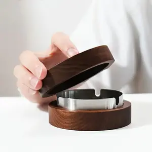 1 solid wood ashtray for home living room with wooden lid to prevent flying ash, creative office round wooden style