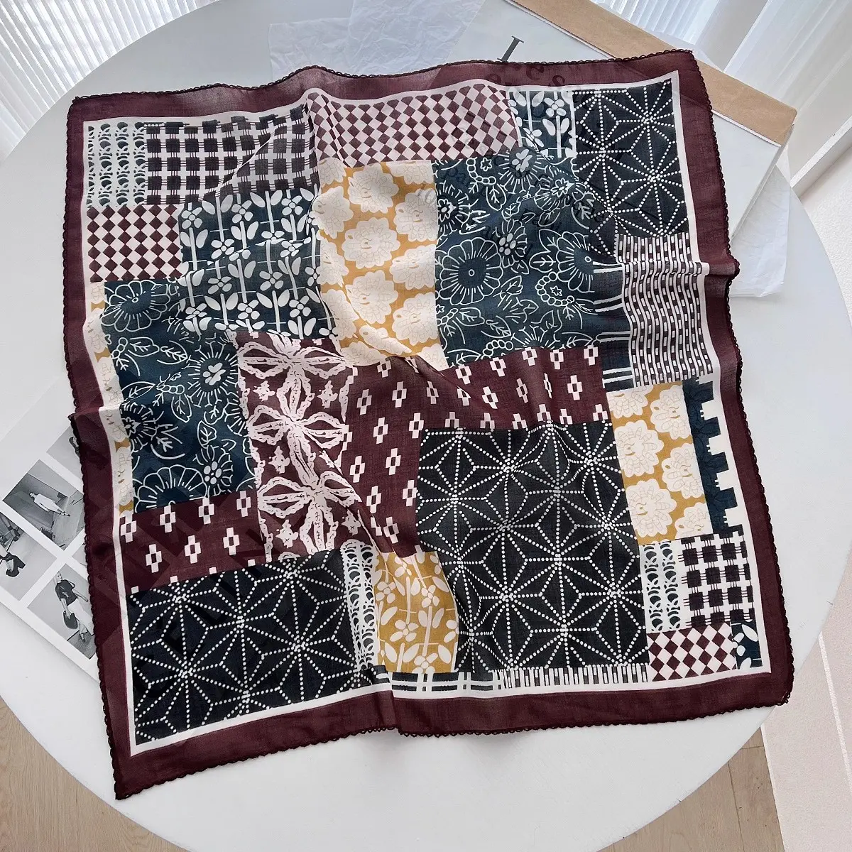 17#Brown patchwork headscarf 60*60(FA1445)