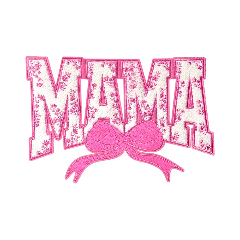 Chenille Fabric Iron-On Patches - MAMA Bow Embroidered Sequin Applique with Glittery Edges, Sewable Edges Help It Hold Up Longer, Cute DIY Clothing Decoration Accessories (Pink)