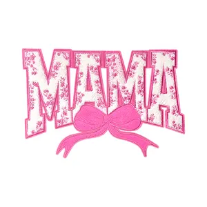 Iron On Patches Chenille MAMA Bow Embroidered Sequin Applique Glitter Edge Diy Cute Accessories for Clothing Backpacks Jackets Decoration,Pink