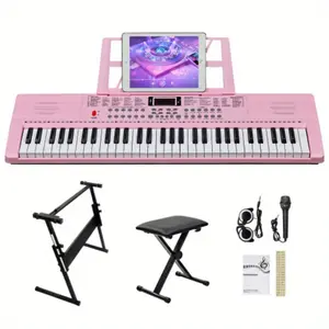 61 Key Portable Electric Keyboard Piano with Stand, Bench, Headphones, Microphone, Music Rest, LED Screen, Note Stickers, Dual Built-In Speakers, 3 Teaching Modes for Beginners, Lightweight Electronic Piano for Home and Learning