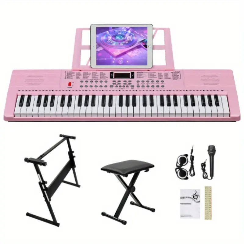 61-Key Portable Digital Piano Keyboard Kit for Beginners & Adults, with Stand, Bench, Headphones, Microphone, Music Rest, LED Display, Note Stickers, Dual Built-In Speakers, 3 Teaching Modes, 60 Demo Songs, Lightweight for Home Learning