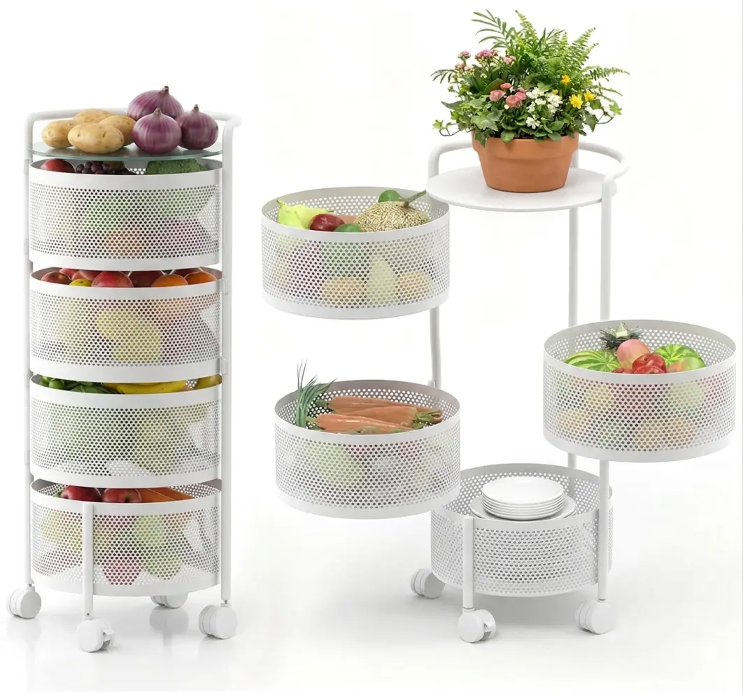 4-Tier Large White Rotating Fruit & Vegetable Storage Rack Cart Organiser - Freestanding Utility Cart with Metal Top Lid, Breathable Wire Baskets, 4 Wheels, Tool-Free Installation for Kitchen, Baking Use, Freestanding Utility Carts