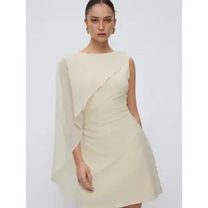 Cider Textured Boat Neck Ruched Asymmetrical Draped A-line Mini Dress Dealsforyou