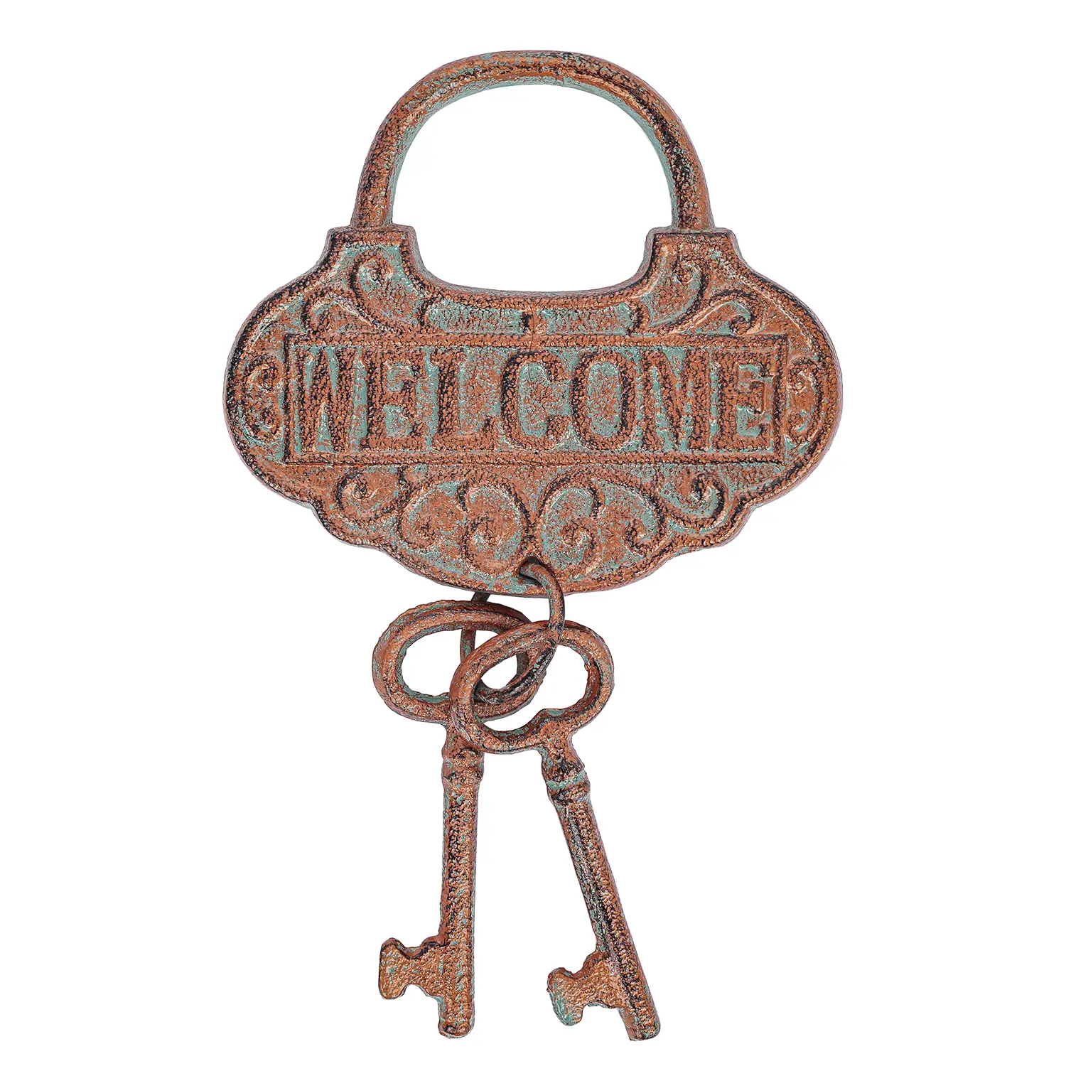 Sungmor Vintage Cast Iron Decorative Padlock with 2 Keys & Aerugo Finish, Rustic Wall Hanging Lock Sculpture, Home & Farmhouse Decor Accessory for Hooks & Shelves, Welcome&2 Keys-Aerugo