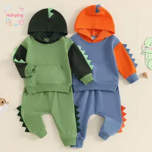 Toddler Boy Dinosaur Outfits, Contrast Color Long Sleeve Hoodie Elastic Waist Pants, 2 Piece Set for Fall, Casual Baby Boy Outfits
