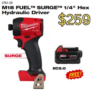 Milwaukee M18 FUEL™ SURGE™ 1/4" Hex Hydraulic Driver with FREE XC5.0 Battery Pack