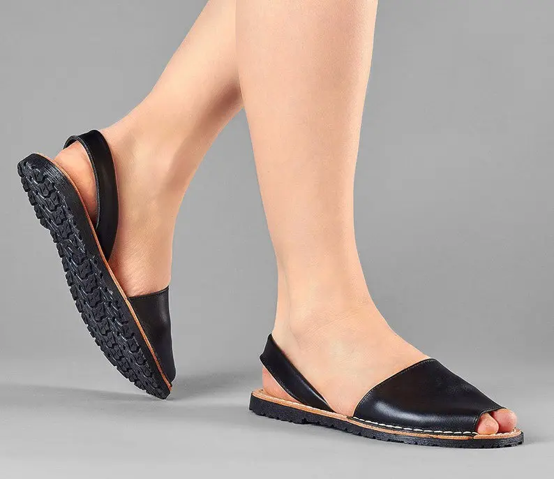 Women's Black Leather Avarcas Sandals - Open Toe Summer Shoes with Comfortable Design