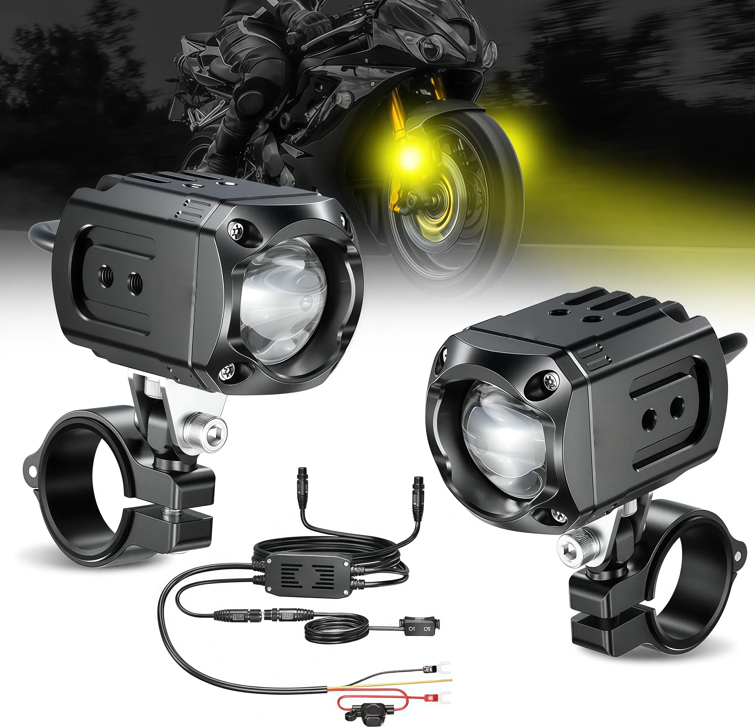 2PCS Motorcycle Auxiliary LED Light Kit Driving Spotlights White/Amber Fog Light with Mount Brackets Wire Harness Waterproof 60W Offroad Work Lights Compatible with Motorcycle J-eep Car Truck (Black)