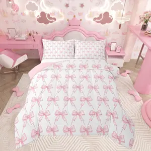 Bow Bedding Set,Pink Bow Comforter Set for Women Men,Ultra Soft Cute Bowknot Comforter,Kawaii Duvet Set,Room Decor Bow and Stripes Quilt Set